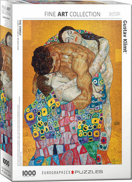 Box of the jigsaw puzzle titled 'The Family' featuring a reproduction of Gustav Klimt's artwork. The design depicts intimate figures with vibrant patterns in shades of yellow, red, and blue, showcasing Klimt's signature style. The puzzle includes 1000 pieces and is part of the Fine Art Collection by Eurographics.