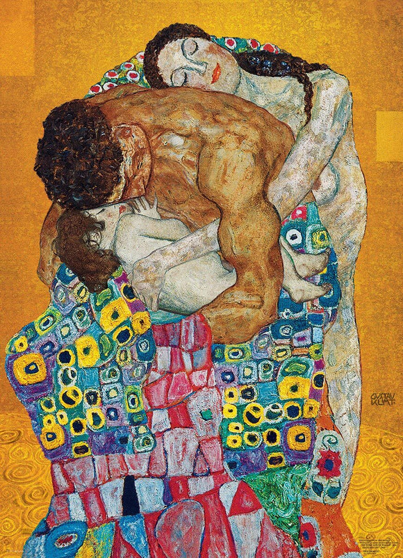 A detailed jigsaw puzzle featuring the artwork 'The Family' by Eurographics, showcasing a loving embrace between three figures, surrounded by vibrant patterns in a symbolic representation of familial bonds.
