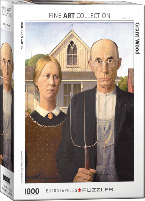 Eurographics Jigsaw Puzzle of American Gothic by Grant Wood. Features iconic artwork depicting a farmer and a woman in front of a farmhouse. 1000 pieces for challenging and enjoyable puzzle experience.