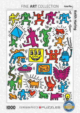 Colorful jigsaw puzzle featuring Keith Haring's iconic artwork. The design showcases playful, abstract figures and symbols in bright colors, including dancing figures, smiling faces, and whimsical objects, set against a white background. This 1000-piece puzzle from Eurographics is part of the Fine Art Collection and is officially licensed, ensuring premium quality and durability for puzzle enthusiasts.