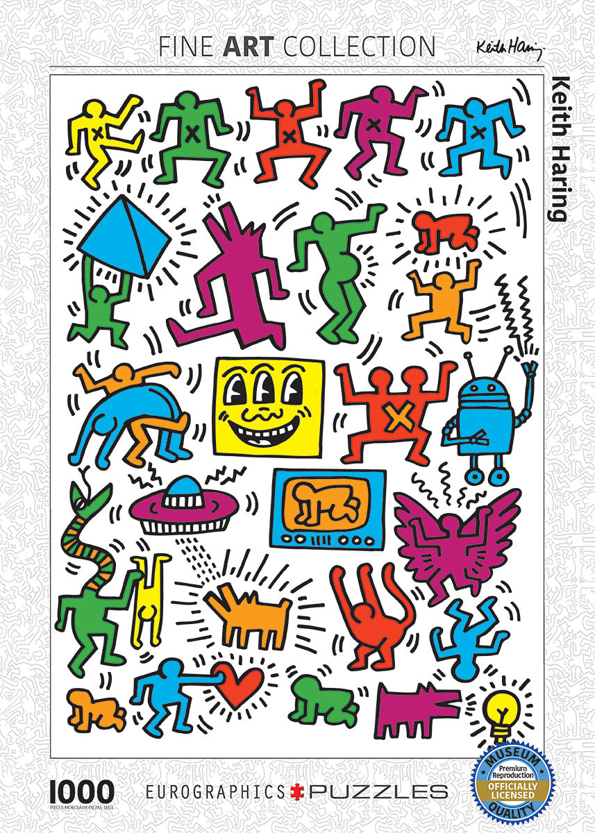 Colorful jigsaw puzzle featuring Keith Haring's iconic artwork. The design showcases playful, abstract figures and symbols in bright colors, including dancing figures, smiling faces, and whimsical objects, set against a white background. This 1000-piece puzzle from Eurographics is part of the Fine Art Collection and is officially licensed, ensuring premium quality and durability for puzzle enthusiasts.