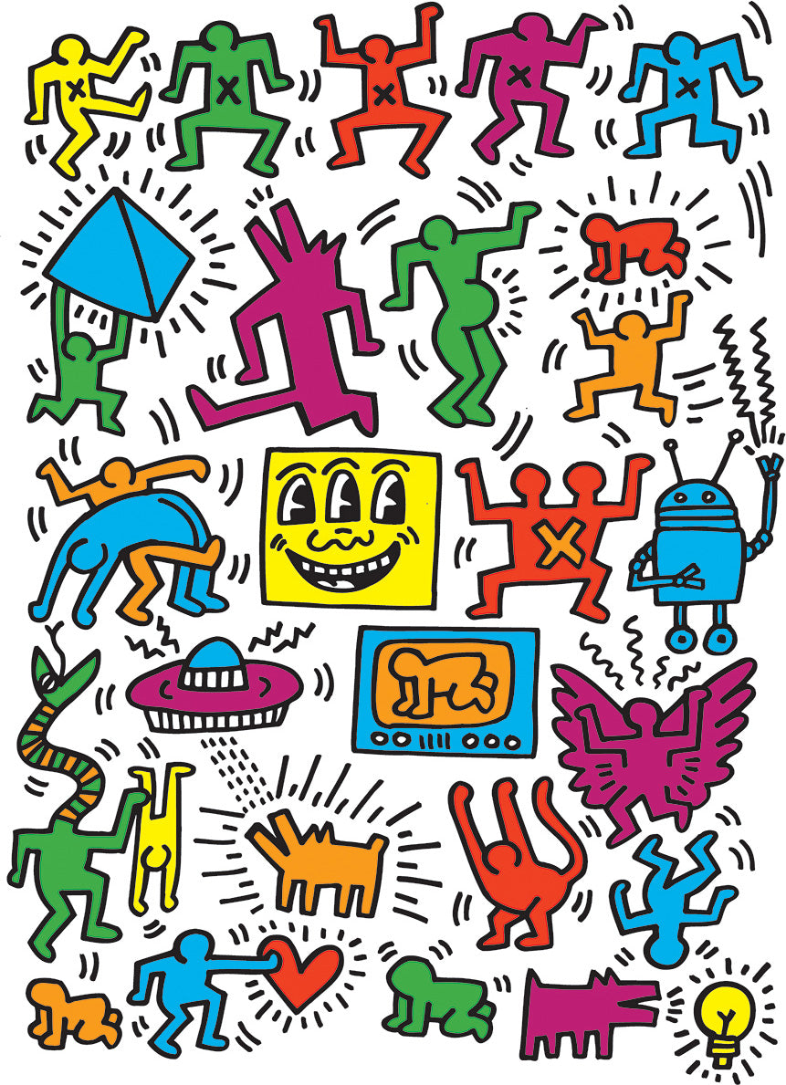 A vibrant jigsaw puzzle featuring iconic artwork by Keith Haring. The design showcases playful, colorful figures, bold outlines, and whimsical motifs that reflect Haring's signature style. The puzzle includes various animated characters, geometric shapes, and expressive imagery, making it an engaging and visually stimulating challenge for puzzle enthusiasts and art lovers alike.