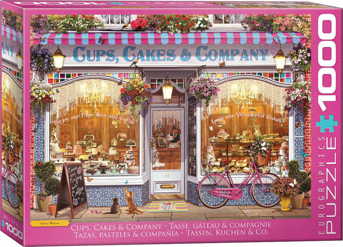 Cups, Cakes & Company jigsaw puzzle by Eurographics, featuring a charming bakery storefront adorned with colorful flower baskets and a pink bicycle. The window displays an assortment of delicious cakes and pastries, inviting customers to enjoy fine teas and coffees. The vibrant and detailed design offers a delightful puzzle experience for enthusiasts.