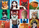 A colorful jigsaw puzzle featuring whimsical and humorous illustrations of cats in various comical poses and outfits. Each cat showcases a unique personality, from regal to playful, with artistic details that bring them to life, perfect for cat lovers and puzzle enthusiasts.
