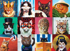 A colorful jigsaw puzzle featuring whimsical and humorous illustrations of cats in various comical poses and outfits. Each cat showcases a unique personality, from regal to playful, with artistic details that bring them to life, perfect for cat lovers and puzzle enthusiasts.