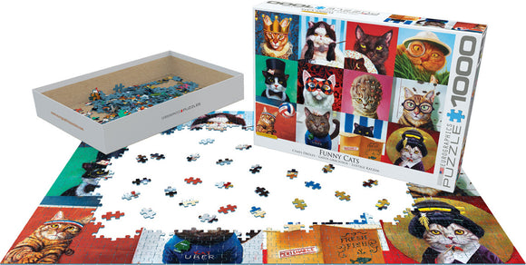 Eurographics Funny Cats jigsaw puzzle featuring a colorful collage of cats in various humorous outfits and settings. Includes a box and scattered puzzle pieces.