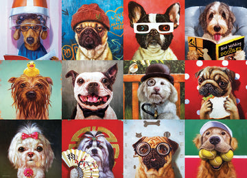 A colorful jigsaw puzzle featuring a collection of humorous dog portraits. Each image showcases a different dog with unique expressions and accessories, including a dog with rollers in its hair, a stylish pug wearing sunglasses, and a happy Boston Terrier dressed in a bow tie. The vibrant artwork captures the playful essence of various dog breeds, making it a delightful challenge for puzzle enthusiasts.