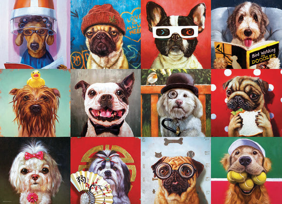 A colorful jigsaw puzzle featuring a collection of humorous dog portraits. Each image showcases a different dog with unique expressions and accessories, including a dog with rollers in its hair, a stylish pug wearing sunglasses, and a happy Boston Terrier dressed in a bow tie. The vibrant artwork captures the playful essence of various dog breeds, making it a delightful challenge for puzzle enthusiasts.