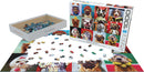 A jigsaw puzzle titled 'Funny Dogs' by Eurographics. The box features a collage of dogs in humorous costumes and poses, while puzzle pieces are scattered and partially assembled on a flat surface. The completed image shows various funny dogs, highlighting their expressions and playful attire.