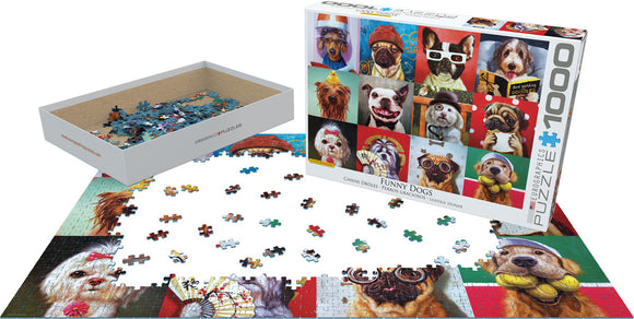 A jigsaw puzzle titled 'Funny Dogs' by Eurographics. The box features a collage of dogs in humorous costumes and poses, while puzzle pieces are scattered and partially assembled on a flat surface. The completed image shows various funny dogs, highlighting their expressions and playful attire.