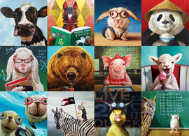 A colorful and whimsical jigsaw puzzle titled 'Funny Animals' featuring illustrated animals in humorous scenarios. The scene includes a cow reading, a horse with a book, a rabbit in glasses, a panda holding rice, a bear with a drink, a pig with a headband, and various other cute animals in comical poses, all set in a vibrant, engaging design that promises fun for all ages.