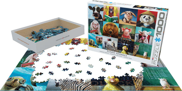 A jigsaw puzzle titled 'Funny Animals' by Eurographics, featuring humorous animal images on the box. The puzzle pieces are scattered on a table, with many still in the open box. Completed sections show vibrant colors and playful animal expressions. This 1000-piece puzzle offers a fun challenge for animal lovers and puzzle enthusiasts alike.