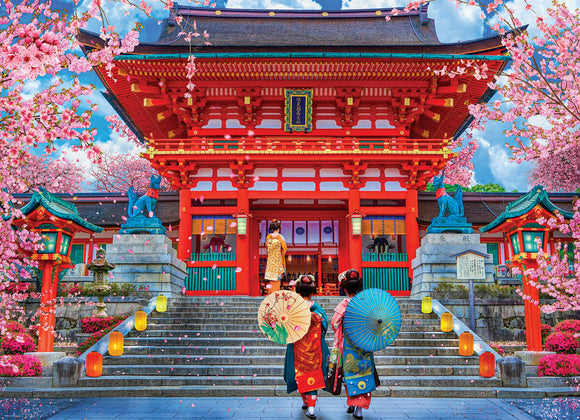 Spring Sakura Jigsaw Puzzle by Eurographics depicting a vibrant scene of a traditional Japanese temple surrounded by cherry blossoms, with two women in colorful kimonos holding decorative umbrellas, creating a serene and picturesque atmosphere perfect for puzzle enthusiasts.