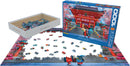 Eurographics Spring Sakura 1000-piece jigsaw puzzle. The beautifully illustrated puzzle features a vibrant sakura scene with cherry blossoms, a traditional Japanese temple, and people with umbrellas. The puzzle pieces are arranged around the partially completed image, showcasing the intricate details and colors vibrant in spring.