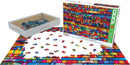 Eurographics Peruvian Blankets jigsaw puzzle featuring vibrant, colorful patterns inspired by traditional Peruvian textiles. The box shows the completed image with pieces scattered around, showcasing a 1000-piece challenge for puzzle enthusiasts.