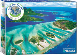 The Coral Reef jigsaw puzzle by Eurographics features a stunning aerial view of a vibrant coral reef, showcasing turquoise waters, lush islands, and a peaceful coastline. This puzzle is part of the 'Save Our Planet' collection, consisting of 1000 pieces that challenge and inspire puzzle enthusiasts while promoting environmental awareness.