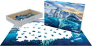 Eurographics Arctic jigsaw puzzle featuring stunning imagery of icebergs and the polar landscape. The box displays a beautiful Arctic scene, while the puzzle pieces are partially arranged on a flat surface. This 1000-piece puzzle offers a challenging and immersive experience.