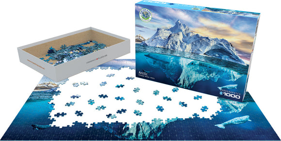 Eurographics Arctic jigsaw puzzle featuring stunning imagery of icebergs and the polar landscape. The box displays a beautiful Arctic scene, while the puzzle pieces are partially arranged on a flat surface. This 1000-piece puzzle offers a challenging and immersive experience.