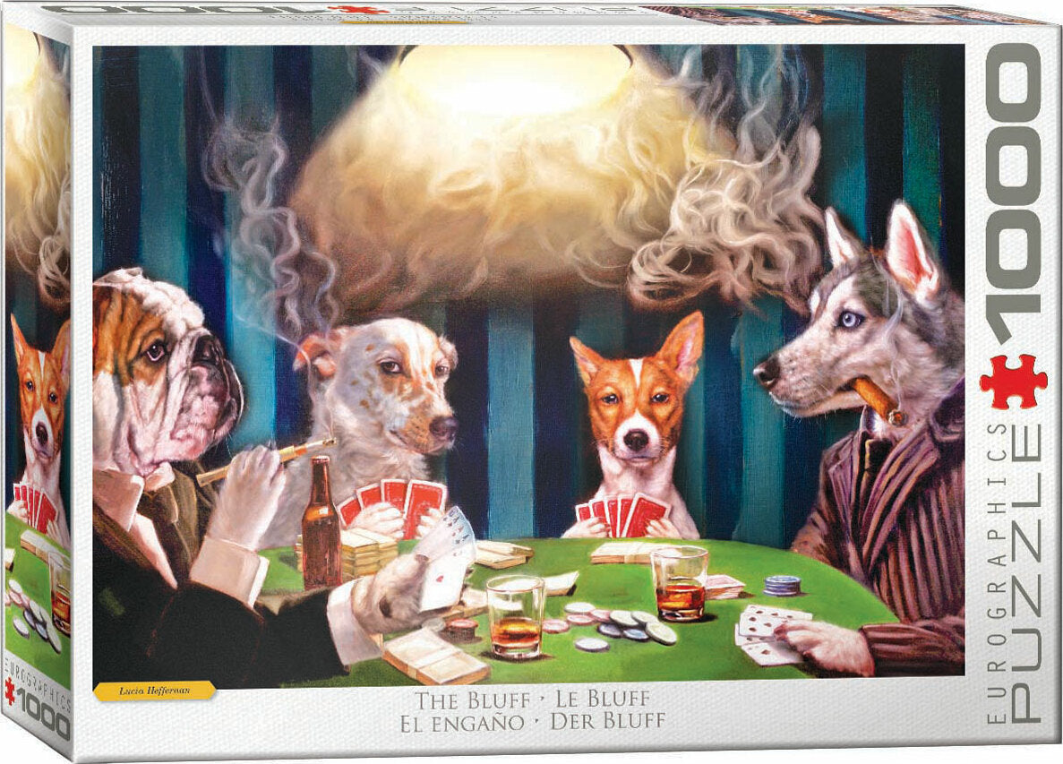 The Bluff jigsaw puzzle by Eurographics, featuring a playful scene with anthropomorphic dogs gathered around a poker table, complete with cards, chips, and drinks. The artwork showcases a Bulldog, a mixed breed dog, a Basenji, and a Husky, all engaged in a tense game, creating a whimsical yet intriguing atmosphere.