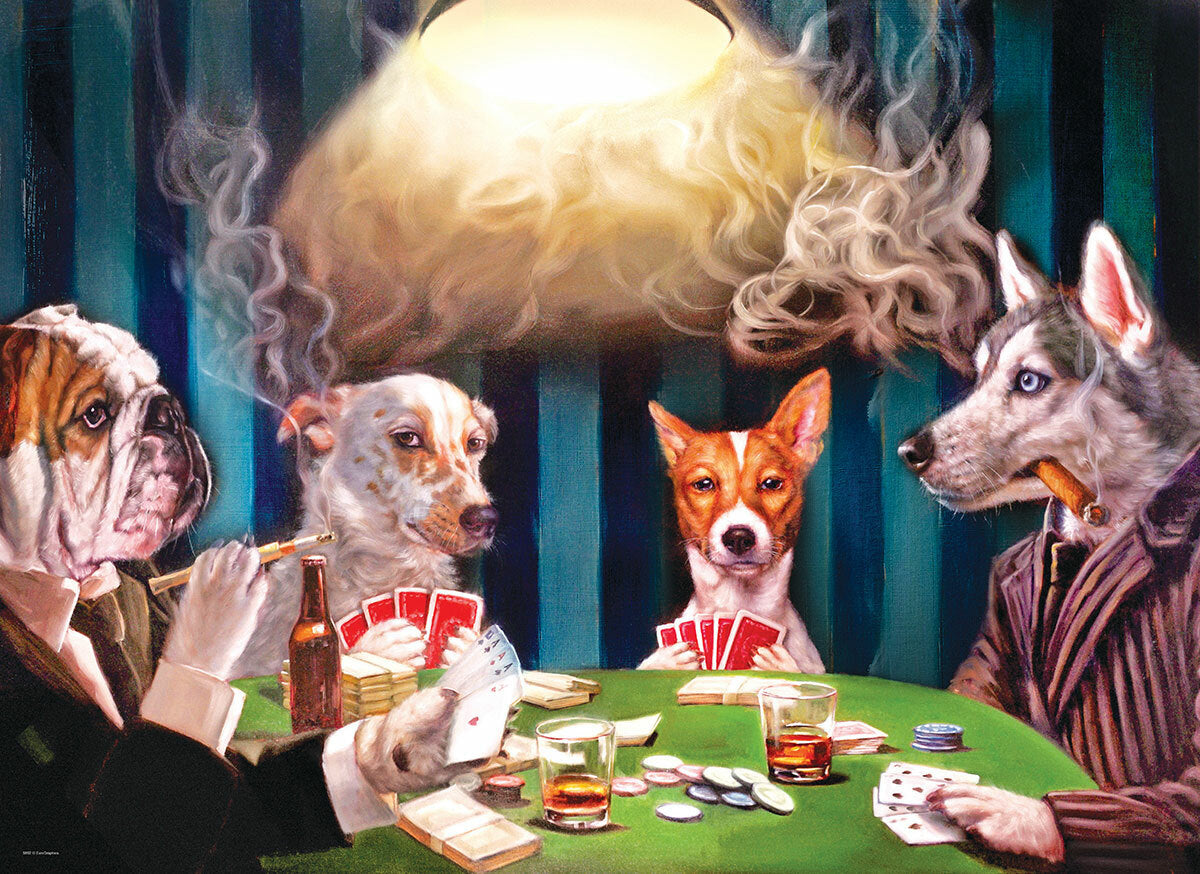 A colorful jigsaw puzzle titled 'The Bluff' by Eurographics, featuring an imaginative scene of anthropomorphic dogs playing poker. The table is covered with cards, poker chips, and whiskey glasses, creating a whimsical and entertaining atmosphere.