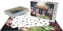 The Bluff jigsaw puzzle by Eurographics, featuring a colorful scene with anthropomorphic dogs seated around a poker table. The partially completed puzzle displays a variety of vibrant pieces scattered on a surface, while the box, prominently showing the artwork, is open alongside the puzzle. This 1000-piece puzzle combines intricate detail and engaging design for an enjoyable challenge.