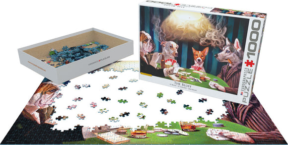The Bluff jigsaw puzzle by Eurographics, featuring a colorful scene with anthropomorphic dogs seated around a poker table. The partially completed puzzle displays a variety of vibrant pieces scattered on a surface, while the box, prominently showing the artwork, is open alongside the puzzle. This 1000-piece puzzle combines intricate detail and engaging design for an enjoyable challenge.