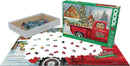 Furry Friends Holiday Farm jigsaw puzzle by Eurographics featuring a picturesque winter scene with a red truck carrying playful puppies. The image shows scattered puzzle pieces alongside the puzzle box and partially completed puzzle, highlighting its vibrant colors and cheerful theme. Ideal for family gatherings and holiday fun.