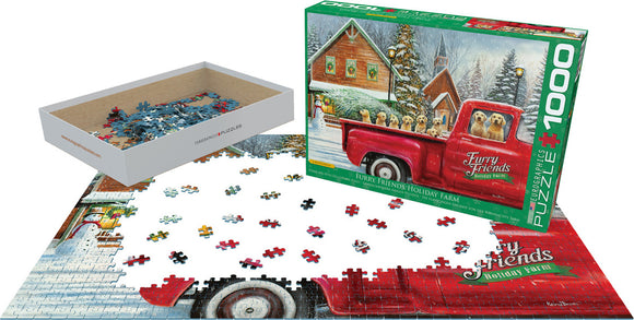 Furry Friends Holiday Farm jigsaw puzzle by Eurographics featuring a picturesque winter scene with a red truck carrying playful puppies. The image shows scattered puzzle pieces alongside the puzzle box and partially completed puzzle, highlighting its vibrant colors and cheerful theme. Ideal for family gatherings and holiday fun.