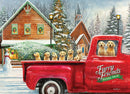 A festive jigsaw puzzle titled 'Furry Friends Holiday Farm' featuring a vintage red truck filled with cheerful yellow puppies, surrounded by a snowy holiday scene with a house, snowman, and Christmas trees.