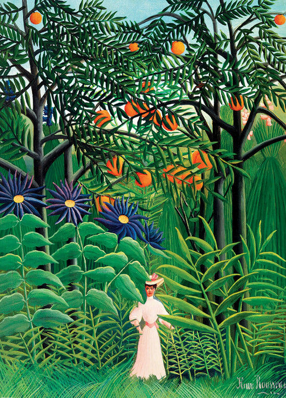 A vibrant jigsaw puzzle image featuring a woman clad in a white gown, walking through an exotic forest filled with lush greenery, colorful flowers, and orange fruits hanging from the trees. Diverse plant life surrounds the scene, creating a whimsical, enchanting atmosphere.