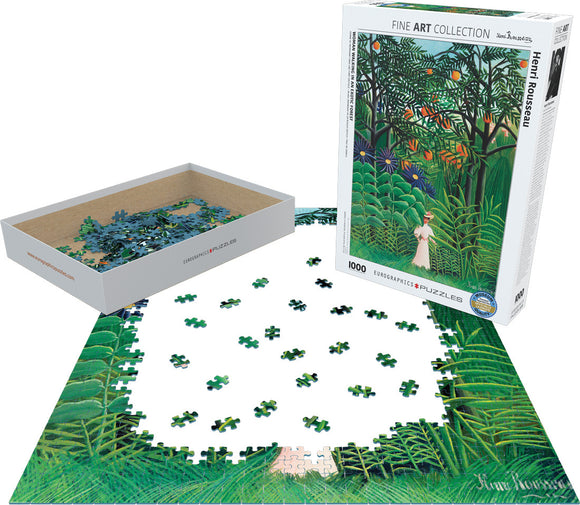 A 1000-piece jigsaw puzzle titled 'Woman Walking in an Exotic Forest' by Eurographics. The puzzle features a vibrant artwork by Henri Rousseau, depicting a woman in a lush green forest filled with colorful flowers and foliage. The pieces are spread out around the partially completed puzzle with a white box nearby.