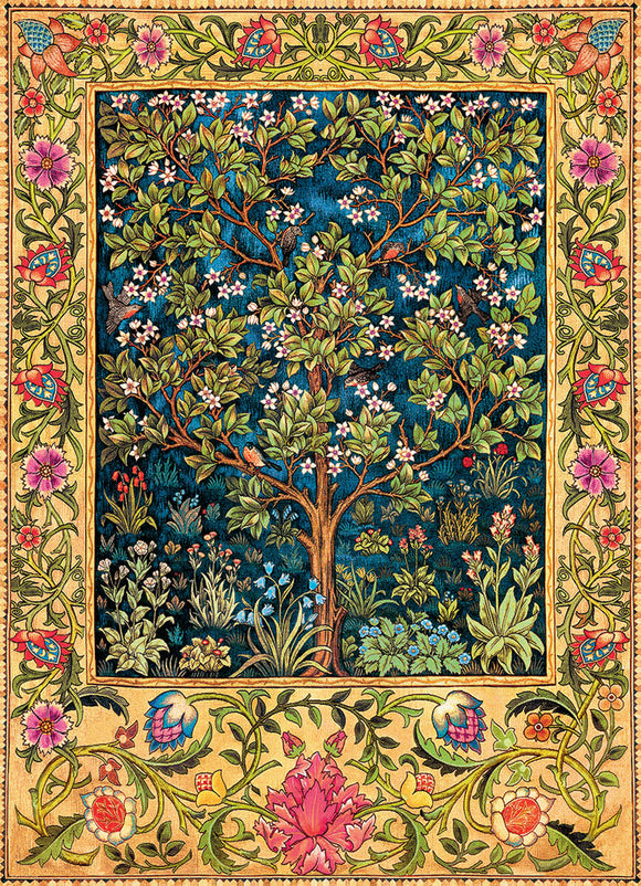 A beautifully illustrated Tree of Life tapestry jigsaw puzzle by Eurographics, featuring a vibrant tree surrounded by various flowers and foliage on a dark blue background, framed with intricate decorative borders.