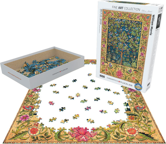 Tree of Life Tapestry jigsaw puzzle from Eurographics. The image shows the puzzle box, an array of colorful puzzle pieces in a tray, and some pieces laid out on a flat surface, showcasing the intricate floral design inspired by William Morris.