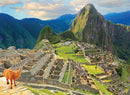 A scenic view of Machu Picchu, an ancient Incan city set amidst lush green mountains in Peru. The image features stone structures with terraced gardens and a llama in the foreground, under a bright blue sky.