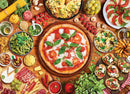A vibrant and colorful jigsaw puzzle image featuring a beautifully arranged Italian table filled with various delicious foods. The centerpiece is a classic Margherita pizza, topped with fresh basil and tomatoes, surrounded by plates of pasta, salad, olives, and a variety of appetizers, all set on a rustic wooden table.