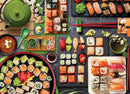 A colorful and vibrant jigsaw puzzle depicting a sushi table filled with various sushi rolls, wasabi, ginger, and dipping sauces. The scene is arranged on a bamboo mat with green tea, chopsticks, and delicate cherry blossoms complete the aesthetic, providing a delightful view of sushi varieties including sashimi and maki rolls.