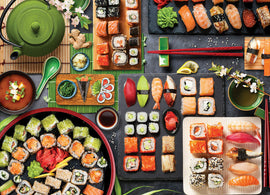 A colorful and vibrant jigsaw puzzle depicting a sushi table filled with various sushi rolls, wasabi, ginger, and dipping sauces. The scene is arranged on a bamboo mat with green tea, chopsticks, and delicate cherry blossoms complete the aesthetic, providing a delightful view of sushi varieties including sashimi and maki rolls.
