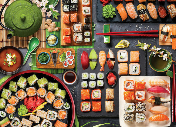 A colorful and vibrant jigsaw puzzle depicting a sushi table filled with various sushi rolls, wasabi, ginger, and dipping sauces. The scene is arranged on a bamboo mat with green tea, chopsticks, and delicate cherry blossoms complete the aesthetic, providing a delightful view of sushi varieties including sashimi and maki rolls.