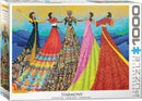 Eurographics Harmony 1000-piece jigsaw puzzle featuring vibrant artwork depicting women in colorful dresses celebrating diversity and unity against a mountain backdrop. Perfect for puzzle enthusiasts and art lovers.
