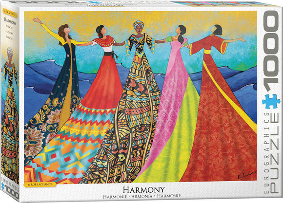 Eurographics Harmony 1000-piece jigsaw puzzle featuring vibrant artwork depicting women in colorful dresses celebrating diversity and unity against a mountain backdrop. Perfect for puzzle enthusiasts and art lovers.