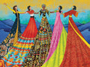 The Harmony jigsaw puzzle by Eurographics features a vibrant illustration of diverse women in colorful dresses, representing unity and cultural diversity. The background showcases a serene landscape with blue waves and a sunny sky, making it visually appealing for puzzle enthusiasts.
