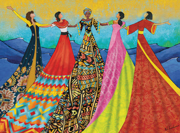 The Harmony jigsaw puzzle by Eurographics features a vibrant illustration of diverse women in colorful dresses, representing unity and cultural diversity. The background showcases a serene landscape with blue waves and a sunny sky, making it visually appealing for puzzle enthusiasts.