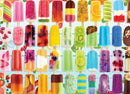 A vibrant jigsaw puzzle featuring an array of colorful popsicles on sticks displayed against a light blue background. The puzzle showcases various flavors and designs of popsicles, including fruity, creamy, and layered treats, arranged in an appealing grid pattern, perfect for art or snack lovers.