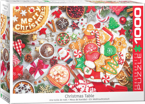 A festive jigsaw puzzle titled 'Christmas Table' featuring a beautifully arranged Christmas spread. The image showcases a variety of holiday treats, including decorated gingerbread cookies, colorful candies, and a rich hot chocolate, all set against a wooden table decorated with pine branches, festive ornaments, and presents. Ideal for puzzle enthusiasts and holiday lovers alike.