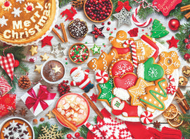 A beautifully arranged Christmas table featuring a variety of festive treats including decorated gingerbread cookies, a cake with 'Merry Christmas' written on it, bowls of colorful sprinkles and cranberries, and a cozy red scarf. The scene is enriched with holiday decorations such as stars, pinecones, and gift boxes, creating a warm and inviting atmosphere perfect for the holiday season.
