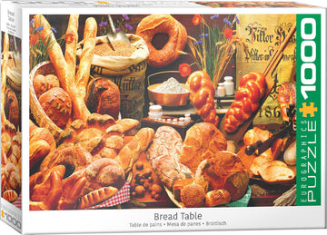 A colorful and detailed jigsaw puzzle box featuring a variety of freshly baked bread items displayed on a rustic wooden table. The assortment includes loaves, rolls, bagels, and more, alongside baking ingredients like flour and grains. The background includes decorative elements such as flowers and a vintage-style sign, providing a warm and inviting atmosphere perfect for puzzle enthusiasts.