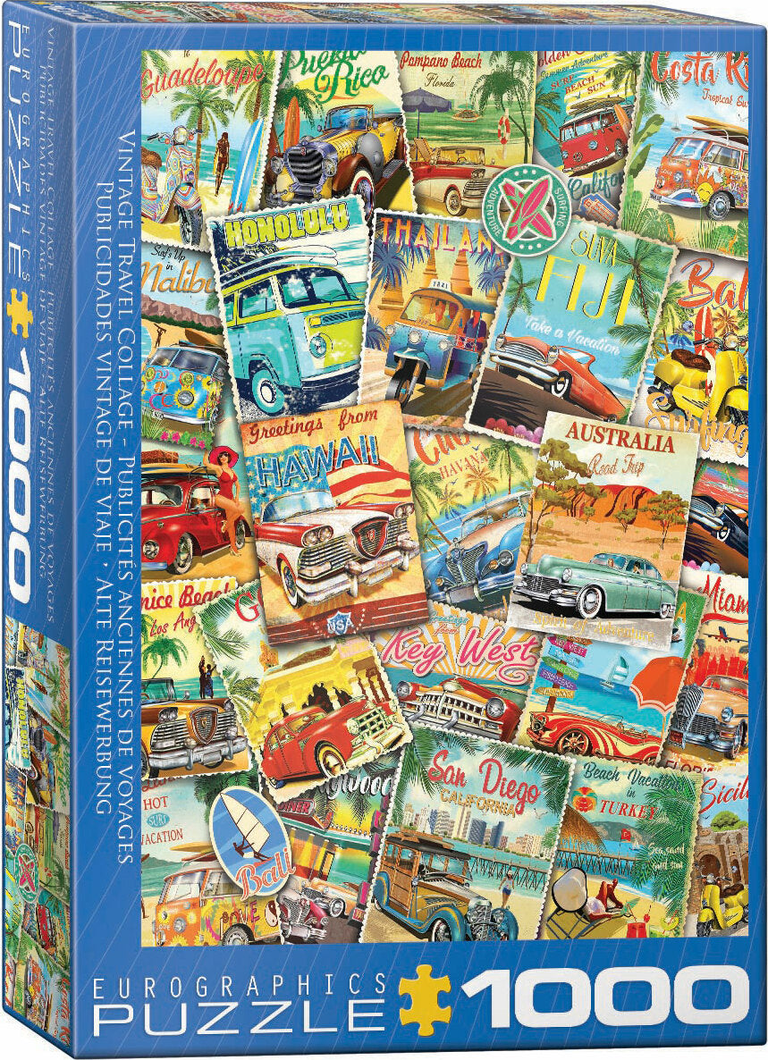 Vintage Travel Collage jigsaw puzzle by EuroGraphics featuring a colorful assortment of vintage postcards and travel-themed illustrations. The puzzle includes scenes from popular destinations like Hawaii, Fiji, and Australia, with classic cars and tropical backgrounds. Perfect for puzzle enthusiasts and travel lovers, this 1000-piece jigsaw challenges you to recreate travel memories and adventures.