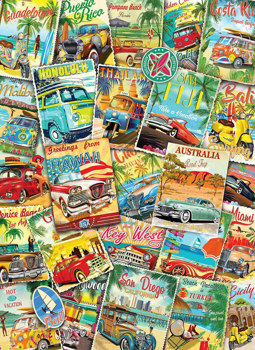 A colorful vintage travel collage featuring various retro-style postcards from popular vacation destinations such as Hawaii, Fiji, Key West, and Bali. The jigsaw puzzle showcases classic cars and iconic imagery representing each locale, capturing a nostalgic sense of adventure and travel.