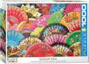 Eurographics Spanish Fans jigsaw puzzle featuring an intricate and colorful collection of beautifully designed Spanish hand fans. The puzzle contains 1000 pieces, showcasing cultural artistry with floral patterns and vibrant colors.