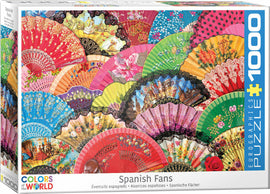 Eurographics Spanish Fans jigsaw puzzle featuring an intricate and colorful collection of beautifully designed Spanish hand fans. The puzzle contains 1000 pieces, showcasing cultural artistry with floral patterns and vibrant colors.